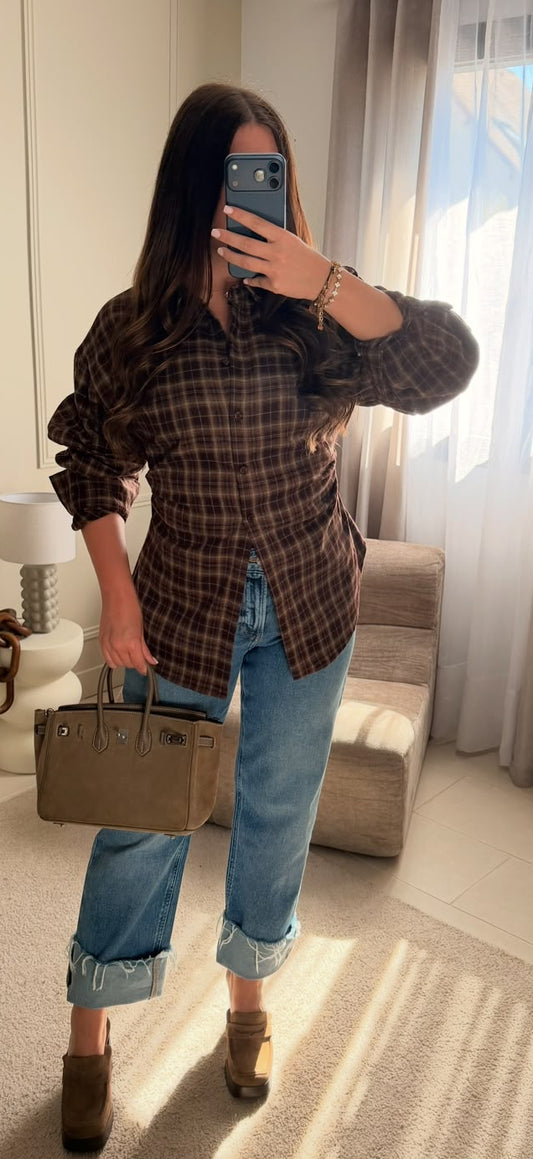 Chemise à carreaux chocolat et beige