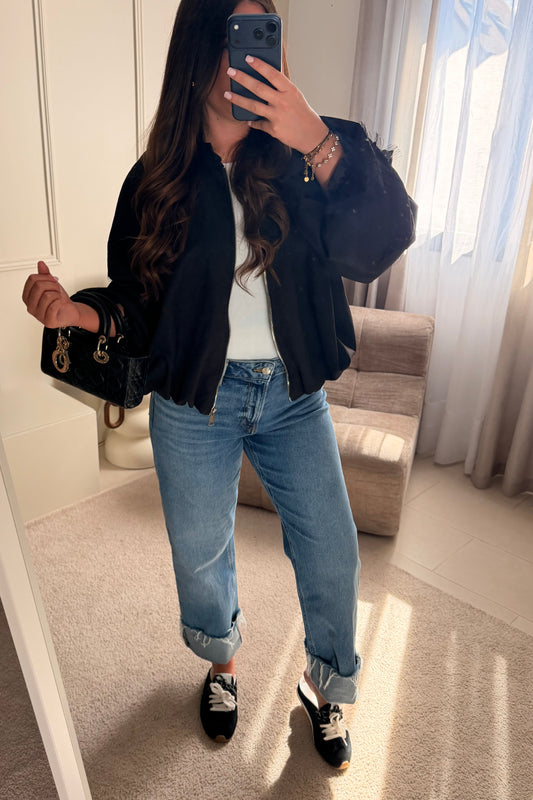 Veste ballon en dentelle noire