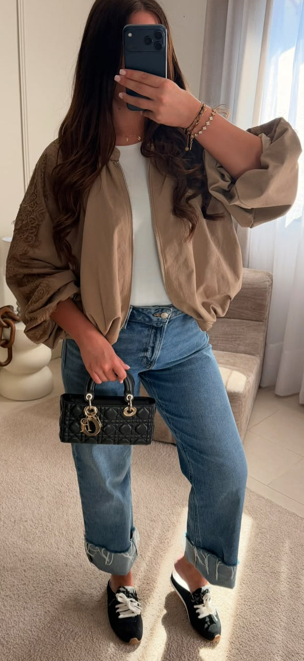 Veste ballon en dentelle beige